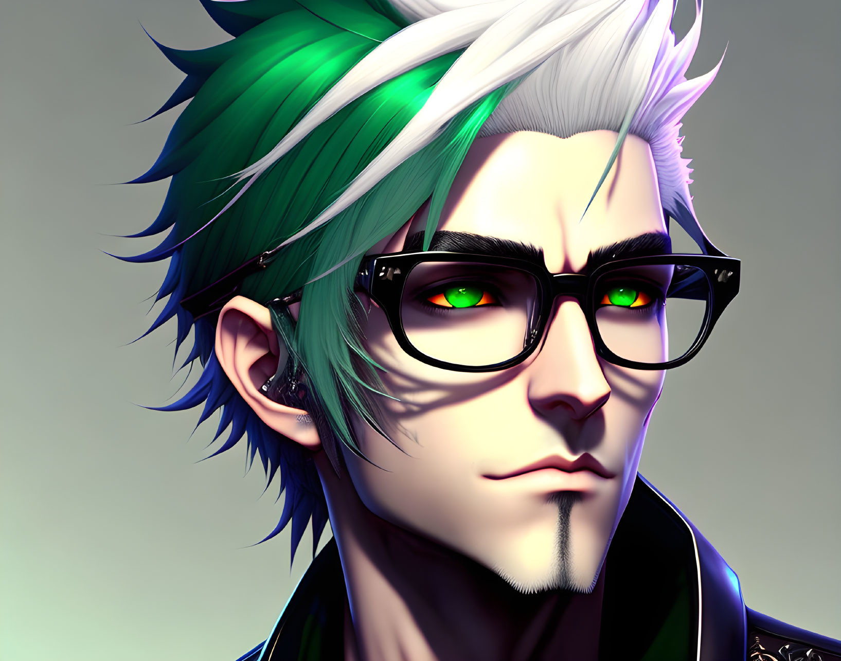 Stylized 3D male character: green spiky hair, glasses, earring