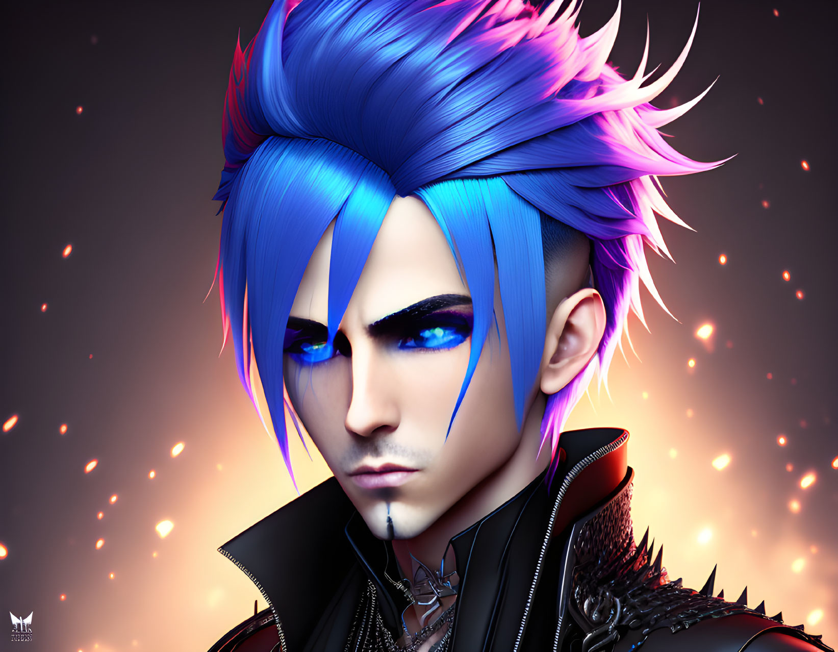 Stylized character with spiked blue hair and teardrop design in leather attire