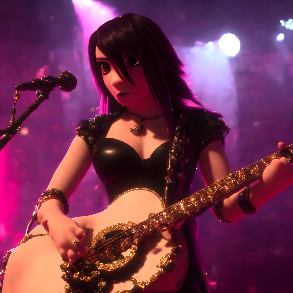 Gothic female character playing golden guitar on stage with purple lighting