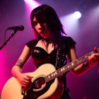 Gothic female character playing golden guitar on stage with purple lighting