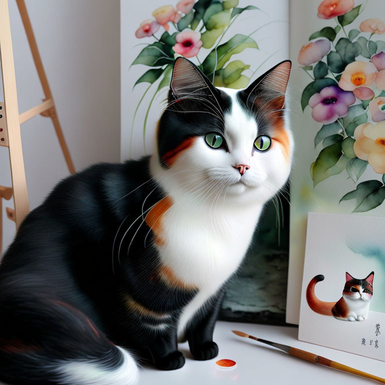 Black and white cat with orange accents near watercolor painting in well-lit room