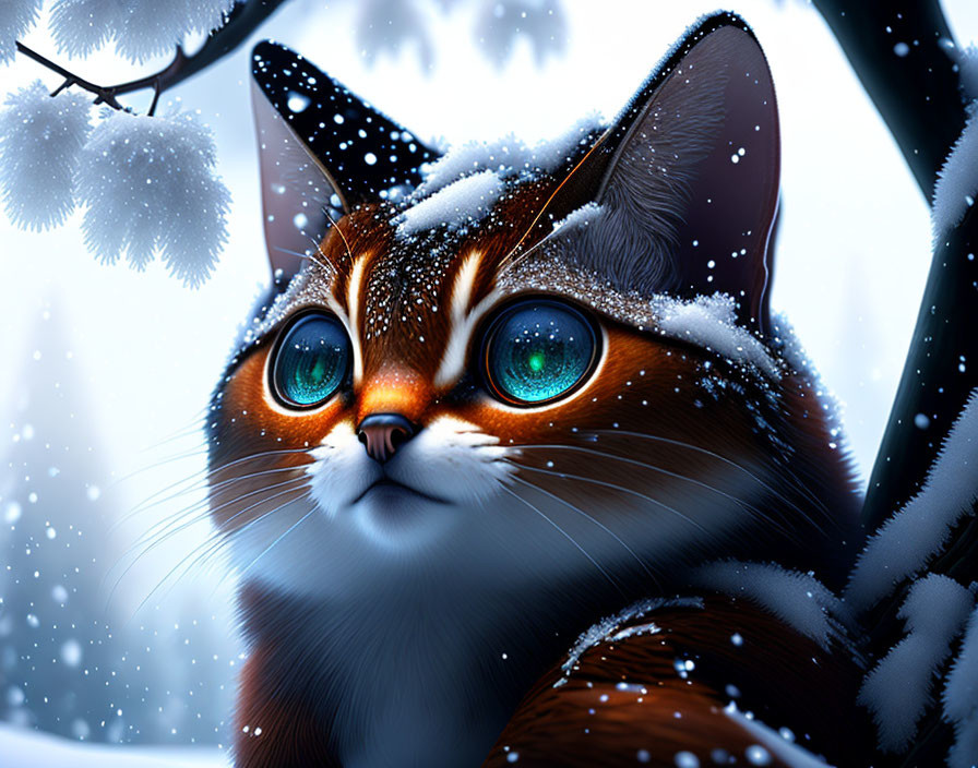 Illustrated orange cat with blue eyes in snowy wintry scene