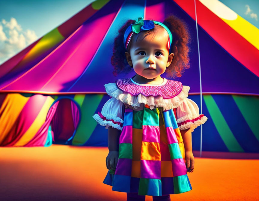 Colorful Clown Costume Toddler in Front of Vibrant Circus Tent