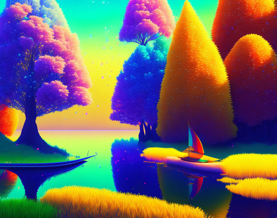 Colorful Landscape with Multicolored Trees, Tranquil River, and Sailboat