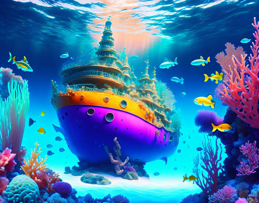 Colorful Sunken Ship Surrounded by Coral and Tropical Fish