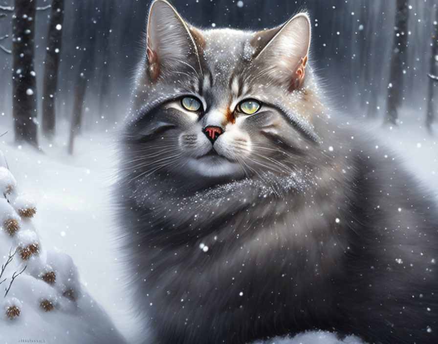 Grey Fluffy Cat with Yellow Eyes in Snowy Forest with Falling Snowflakes