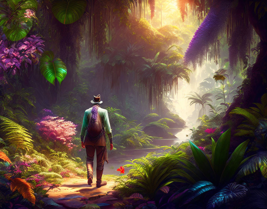 Person in hat strolling through vibrant jungle with lush foliage