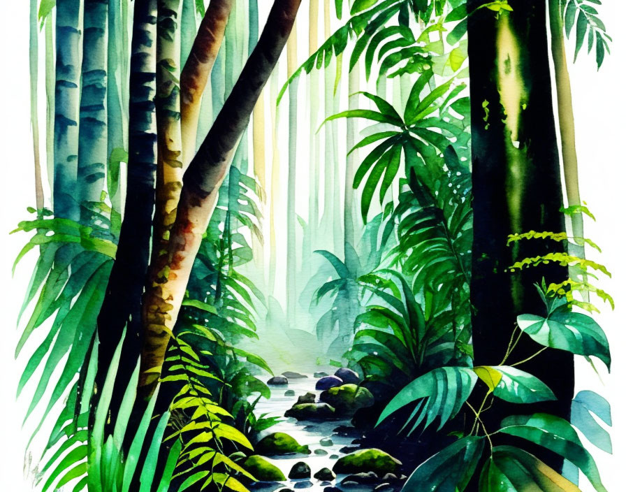 Lush Watercolor Jungle with Bamboo and Ferns