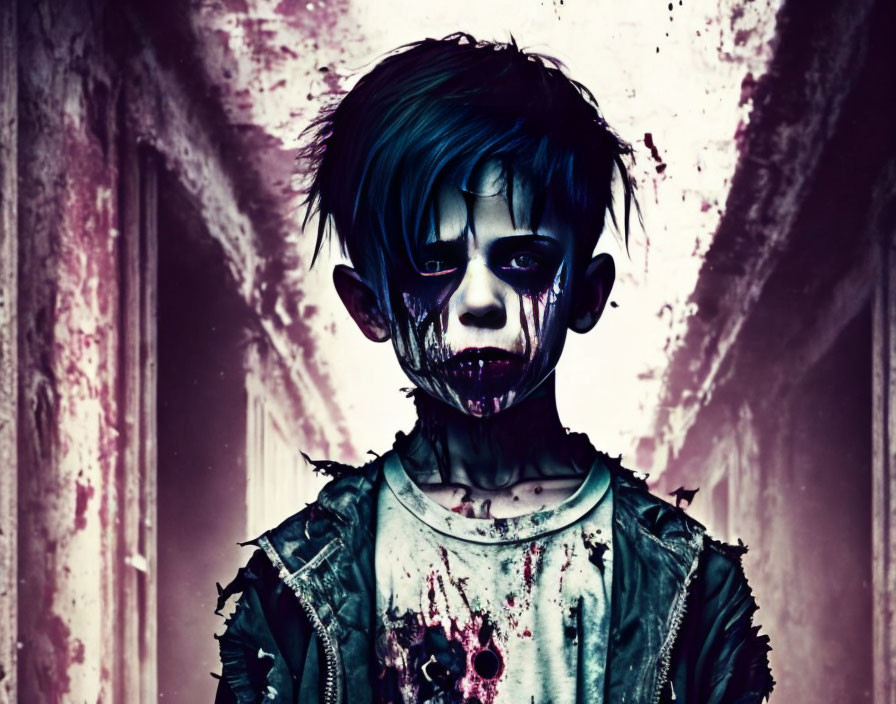 Disturbing zombie child art with dark eyes and blood-stained mouth