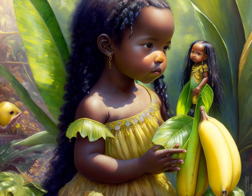 Young Girl in Yellow Dress Surrounded by Banana Leaves Holding Banana