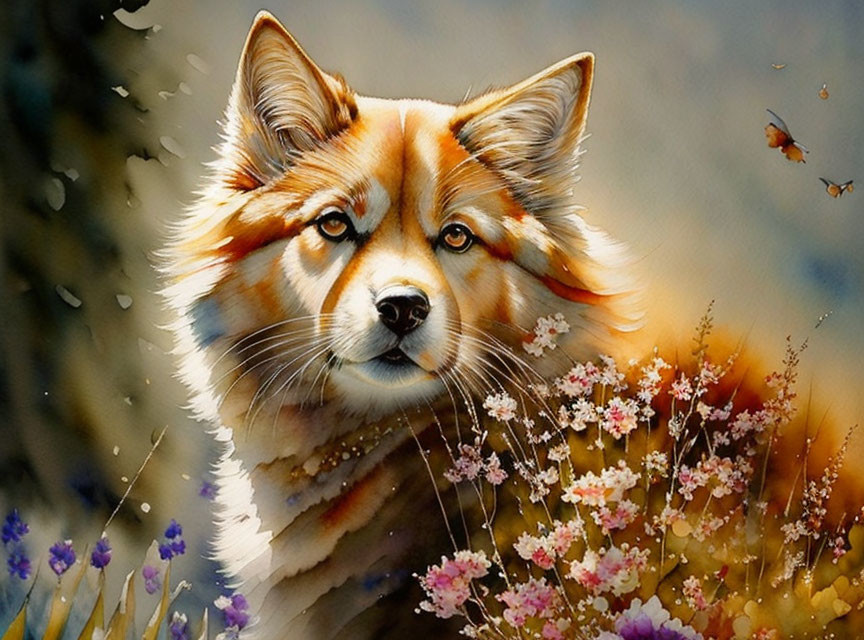 Colorful Welsh Corgi Watercolor Painting with Flowers and Butterflies