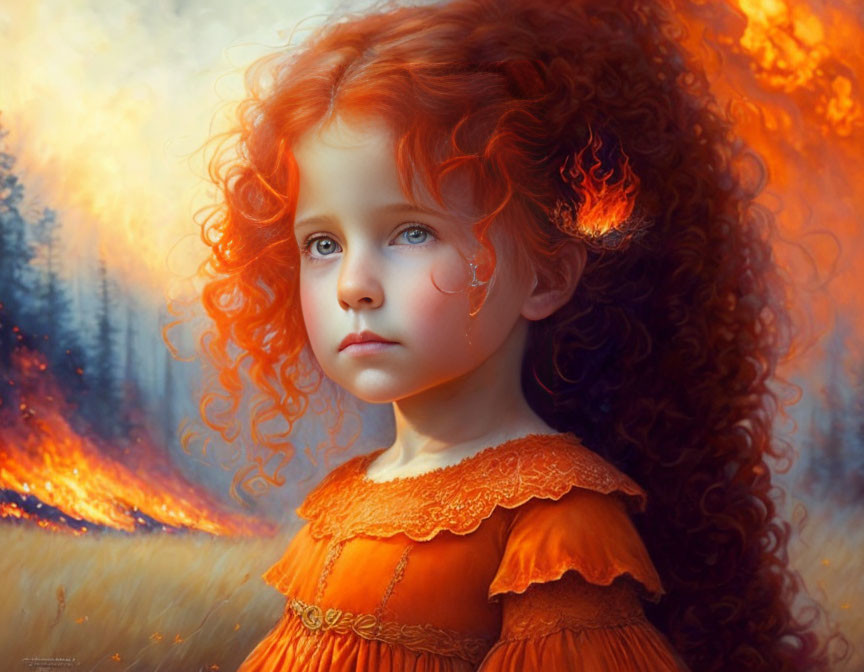 Fiery red-haired girl in orange dress with tear on cheek before blurred flame background