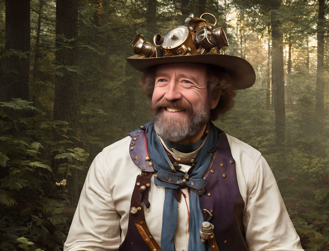 Bearded man in steampunk attire smiling in forest setting