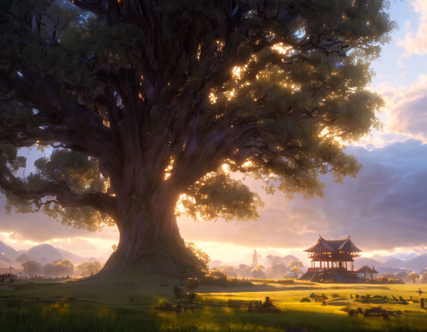 Majestic tree with thick trunk and lush canopy in golden sunlight near pagoda and rolling hills