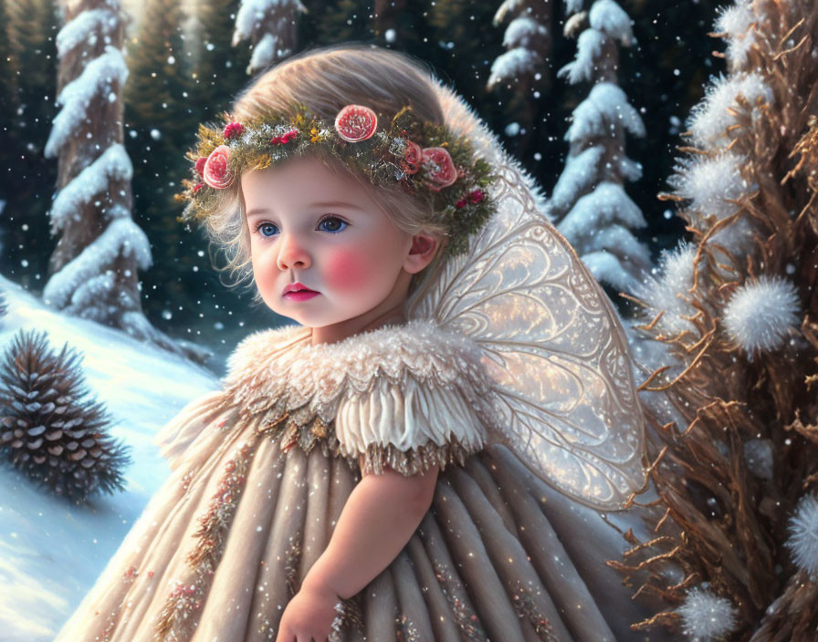 Child in fairy costume with wings and floral headband in snowy pine tree setting