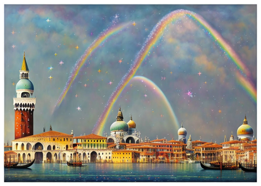 Venice Skyline Painting with Campanile, St. Mark's Basilica, Rainbow, and