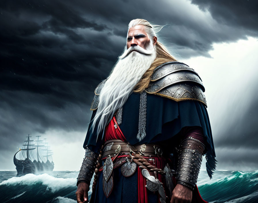 Bearded warrior in ornate armor by stormy sea and ship.