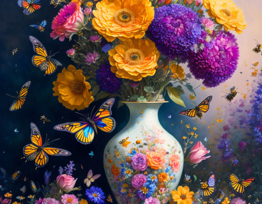 Colorful flowers in white vase with fluttering butterflies on dark backdrop