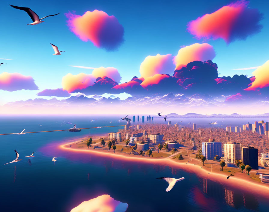 Scenic coastal cityscape at sunset with pink clouds, seagulls, and mountains