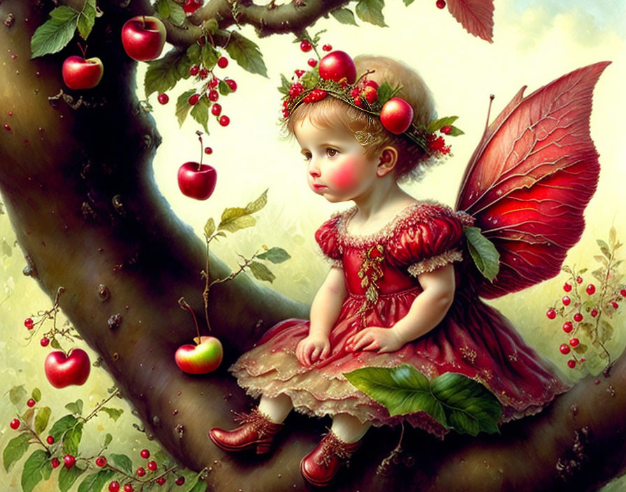 Child with fairy wings on tree branch surrounded by red apples and berries crown