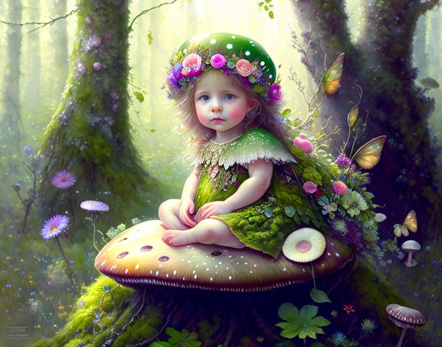 Child with floral wreath on mushroom in enchanted forest with butterflies.