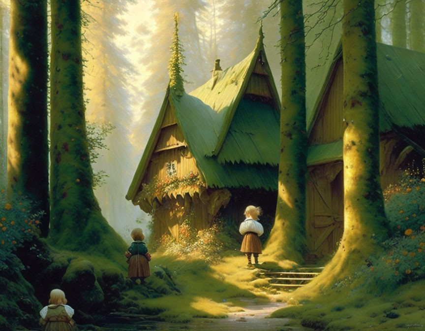 Whimsical forest scene with children and cottage in warm light