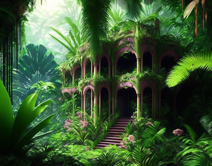 Abandoned building in lush jungle with overgrown staircase