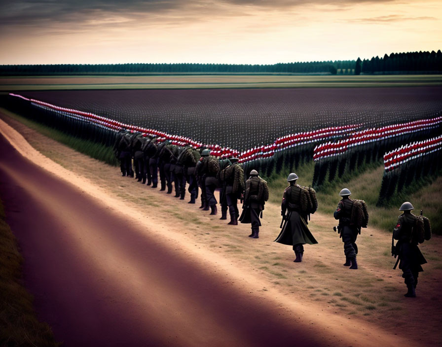 Soldiers marching in formation on dirt road with enhanced colors.