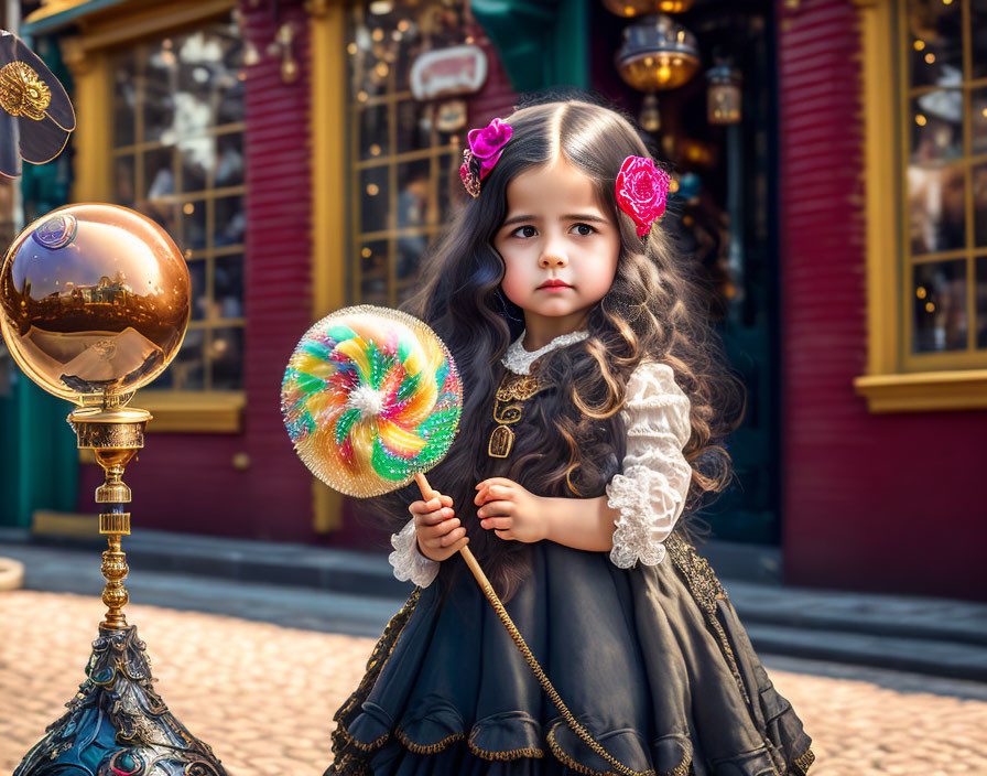 Young girl in vintage outfit with lollipop on quaint street with reflective globes