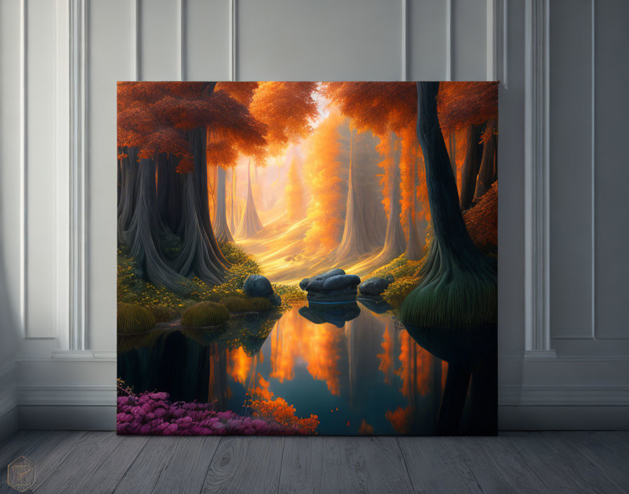 Autumnal forest scene with sunbeams and pond reflection on canvas art.