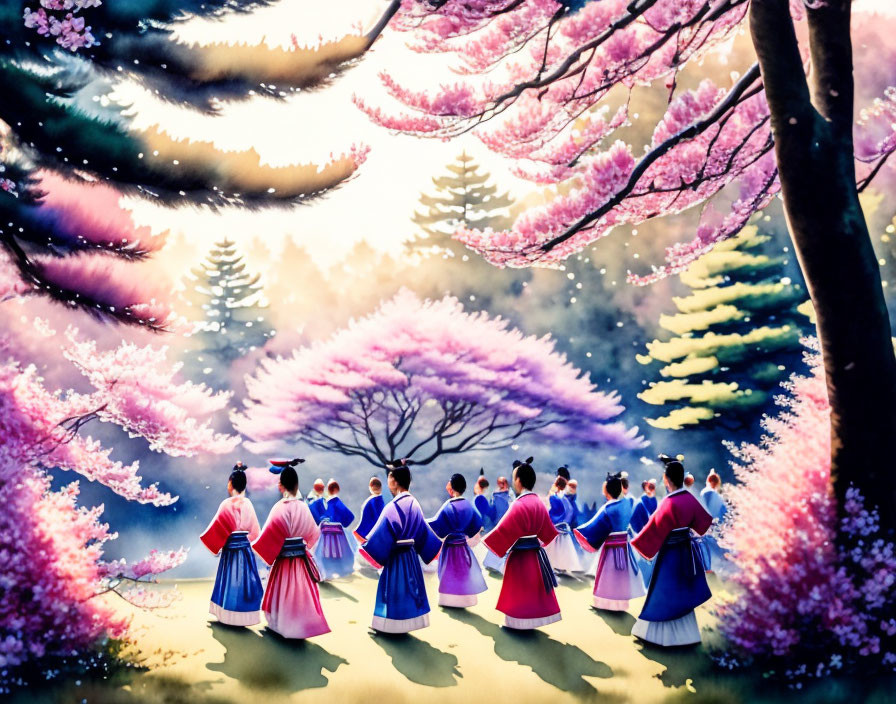 Traditional Korean Hanbok Group Admiring Cherry Blossoms in Colorful Forest