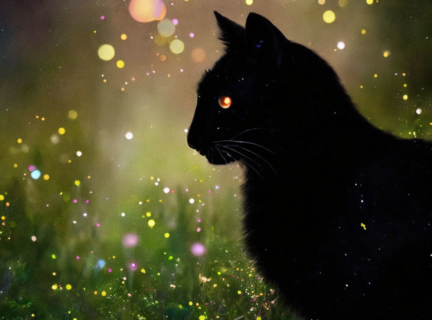 Silhouetted black cat with glowing amber eyes against colorful bokeh background