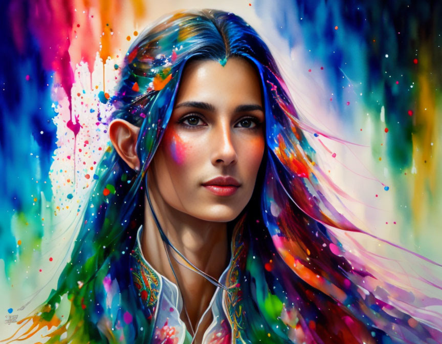 Colorful digital painting of woman with elfin features and blue streaked hair.