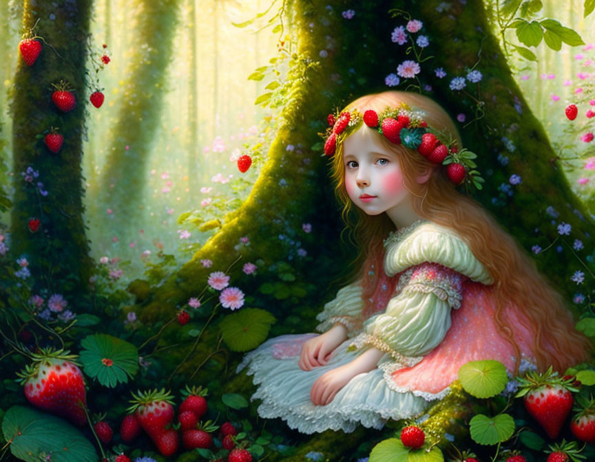 Young girl with strawberry wreath in enchanted forest surrounded by greenery and light beams