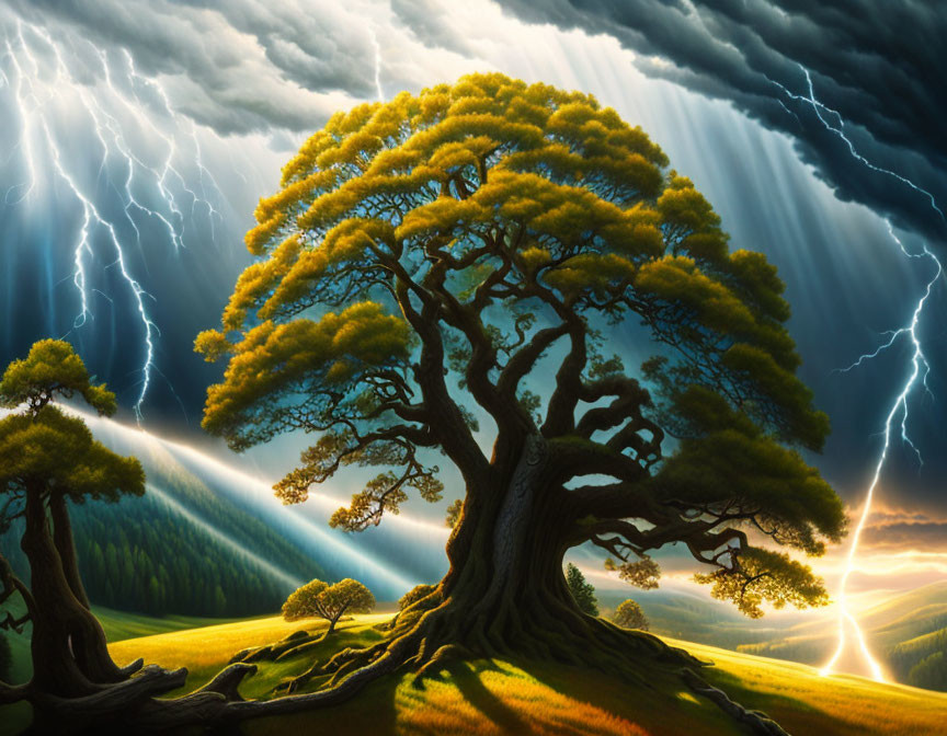 Majestic tree with thick canopy under dramatic sky and lightning bolts, serene landscape with sunlight piercing through