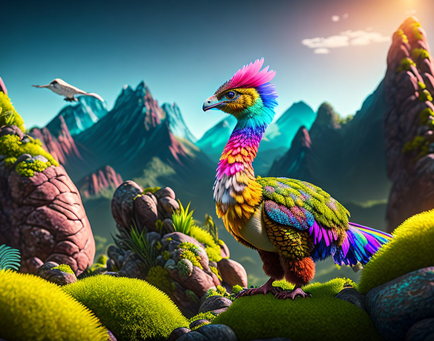 Colorful Fantastical Bird on Mossy Rock with Majestic Mountains Background