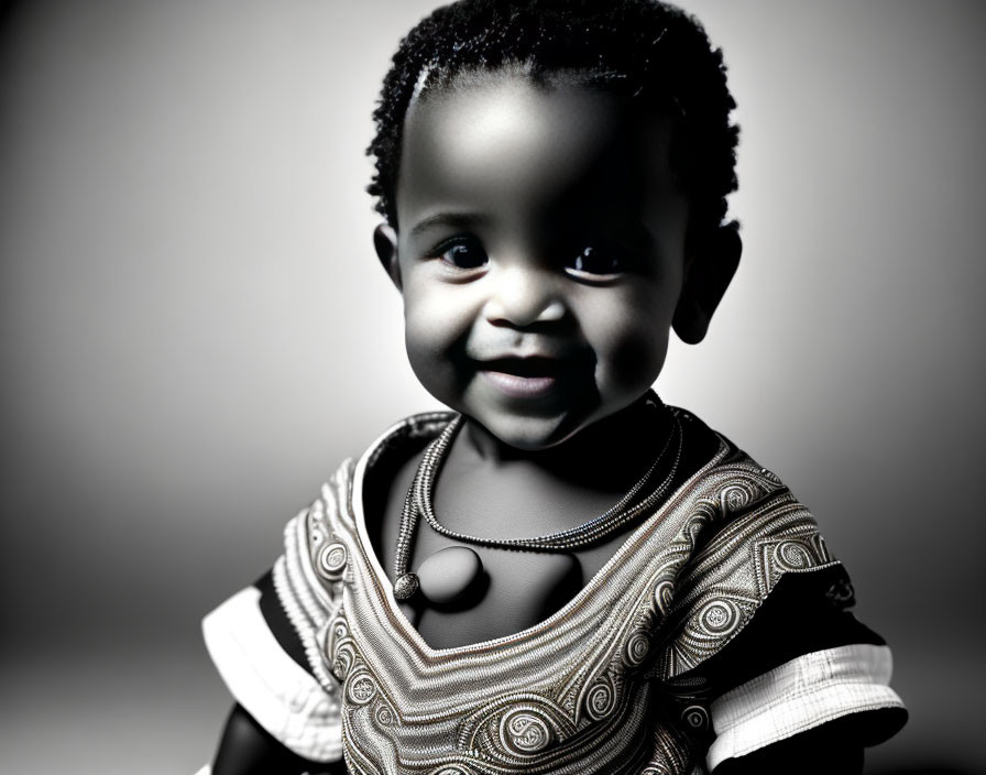 Smiling toddler with curly hair in patterned outfit