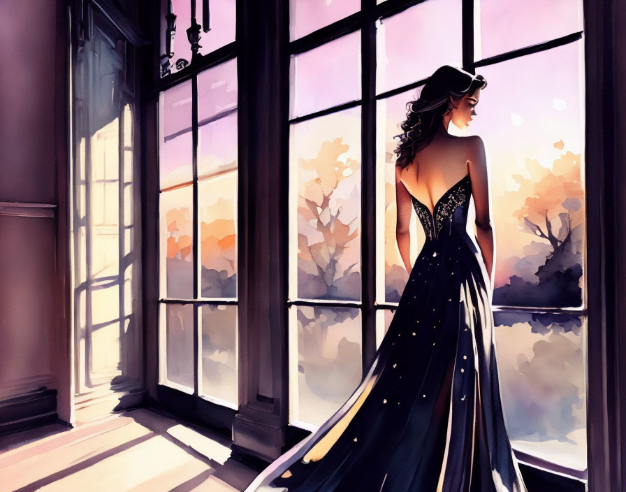 Woman in elegant gown gazes out window at sunset silhouette.