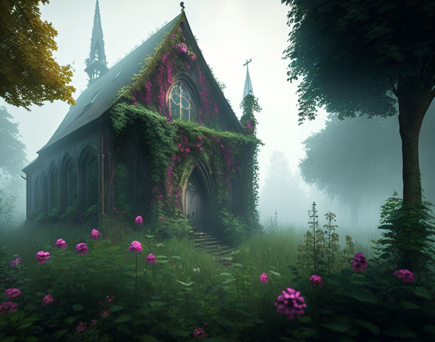 Serene foggy forest with ivy-covered church & pink flowers