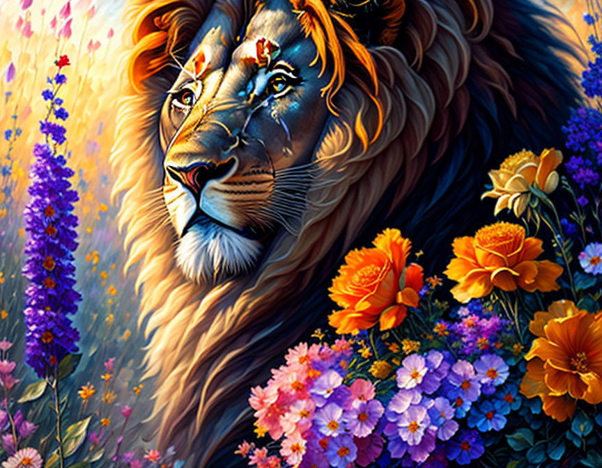 Colorful Lion's Face in Vibrant Floral Field