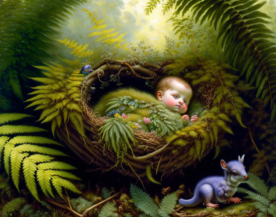 Baby resting in nest with blue possum in lush forest