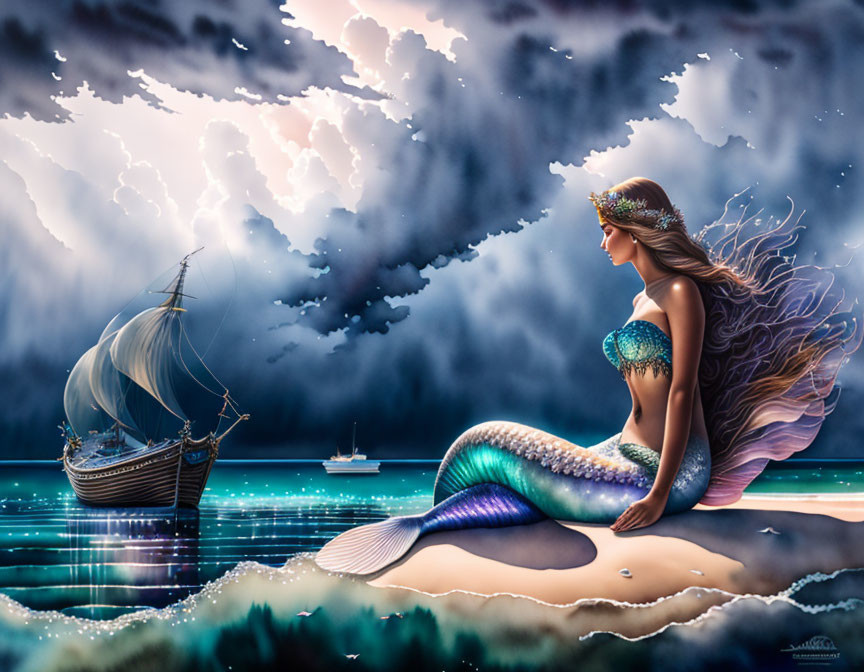 Mermaid with flowing hair on beach at twilight gazing at sailing ship