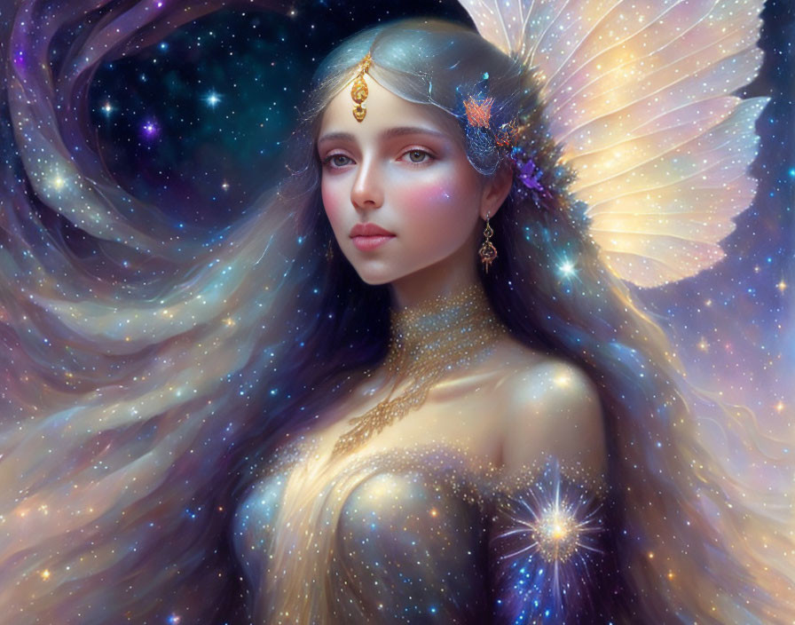 Ethereal female figure with cosmic hair and mystical aura wearing jewelry and butterfly