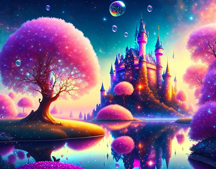 Colorful Castle and Radiant Trees in Vibrant Fantasy Landscape