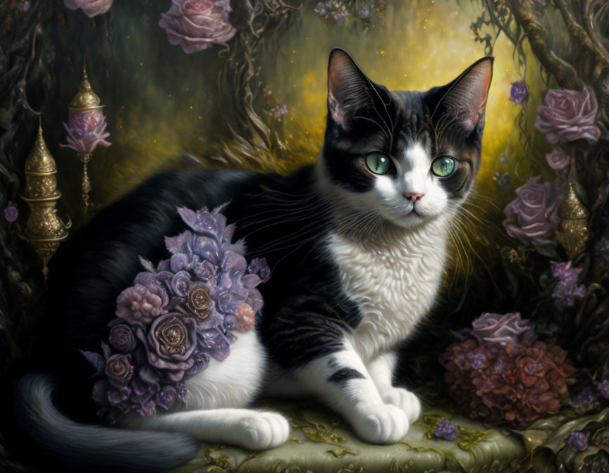 Black and white cat with green eyes in purple flowers and golden foliage