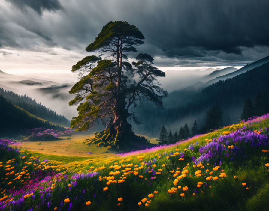 Majestic lone tree in flower-speckled meadow under stormy sky