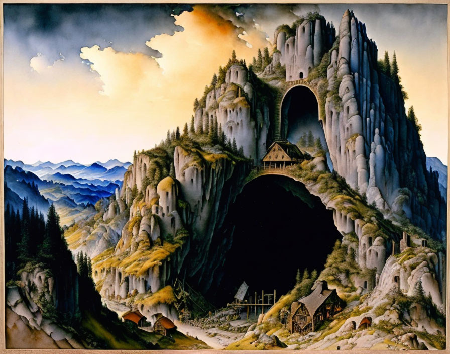 Surreal landscape painting: castle on rocky cliffs, valley house, blue mountains, wispy clouds