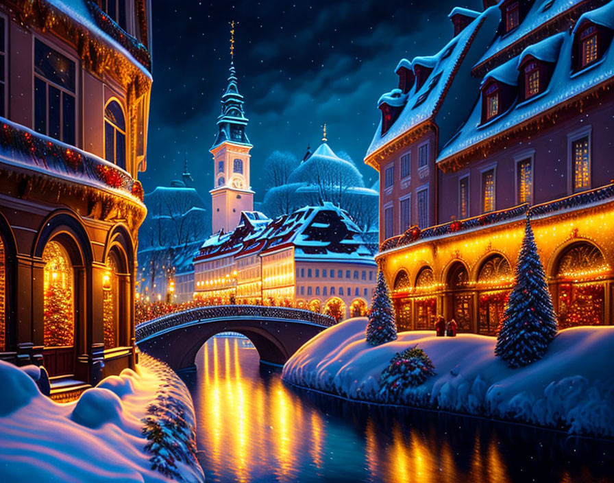 Charming Winter Evening in Festive Townscape