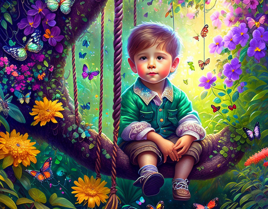 Child on swing in vibrant fantasy garden with colorful butterflies