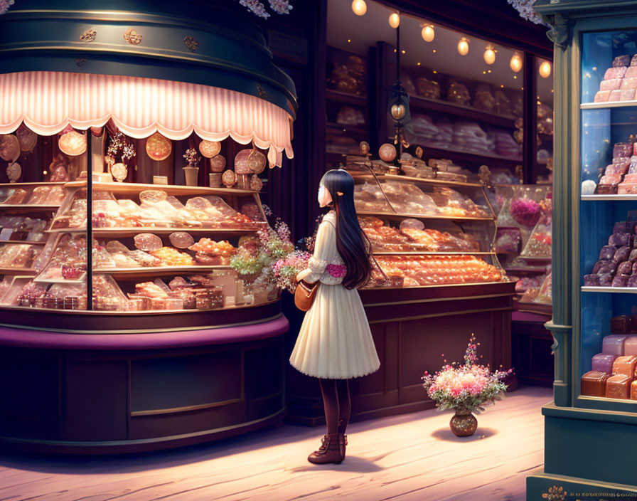 Girl with Long Black Hair in Front of Pastry Shop Window at Night